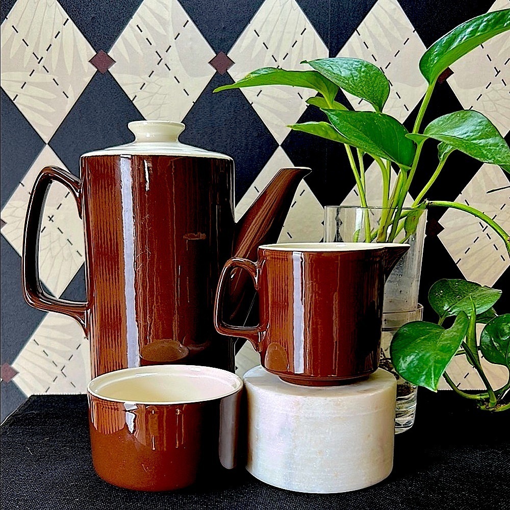 Vintage Chocolate Brown & Cream Coffee Pot Set – Mid-Century Modern Charm